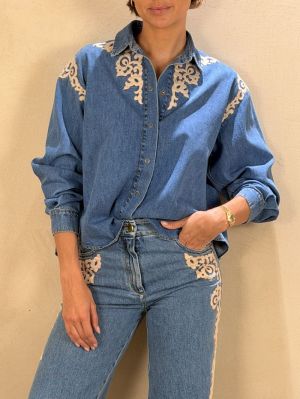 INDIGO TWILL EMBROIDERED BOXY  CELESTE 5002