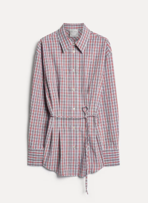 LINEN COTTON CHECK BELTED SHIR LAGOON 2525